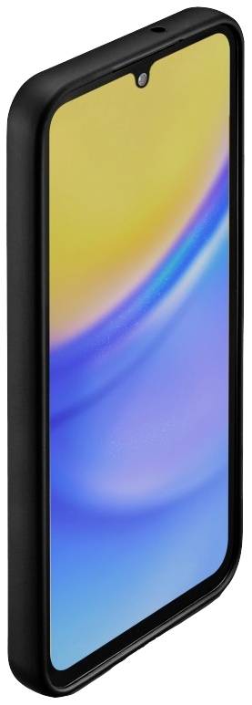 Un smartphone au cadre noir et à l'écran coloré. L'écran affiche un motif jaune et bleu.