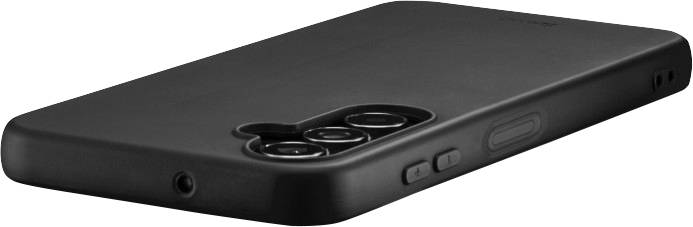 Smartphone noir avec quatre objectifs photo à l'arrière et des touches latérales, posé en biais sur une surface.