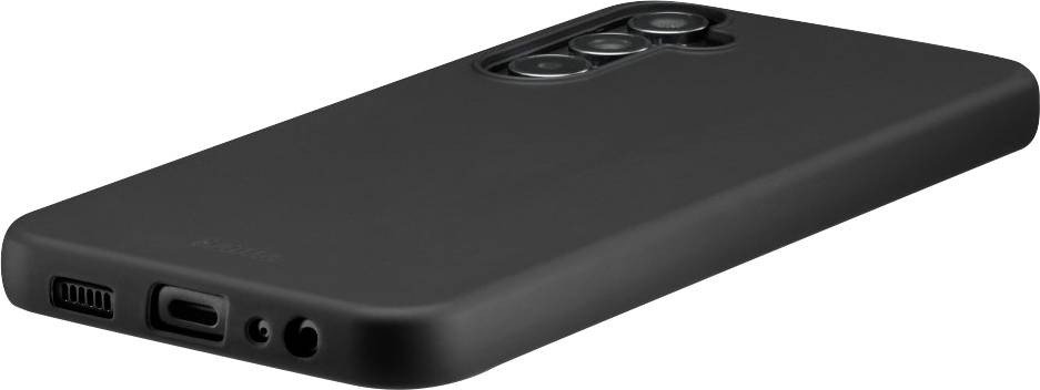 Une coque de téléphone noir avec des découpes précises pour la caméra, le port de charge et les haut-parleurs.