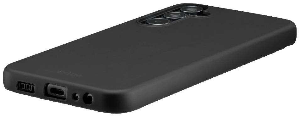 Étui noir pour téléphone portable avec découpes pour la caméra et les ports, posé sur une surface plane.