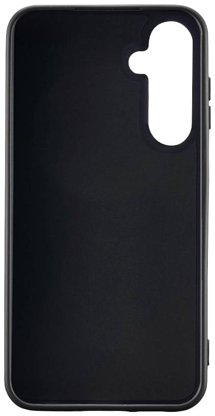 Une coque noire pour smartphone, avec un découpage pour l'objectif de l'appareil photo et des ouvertures latérales pour les boutons.