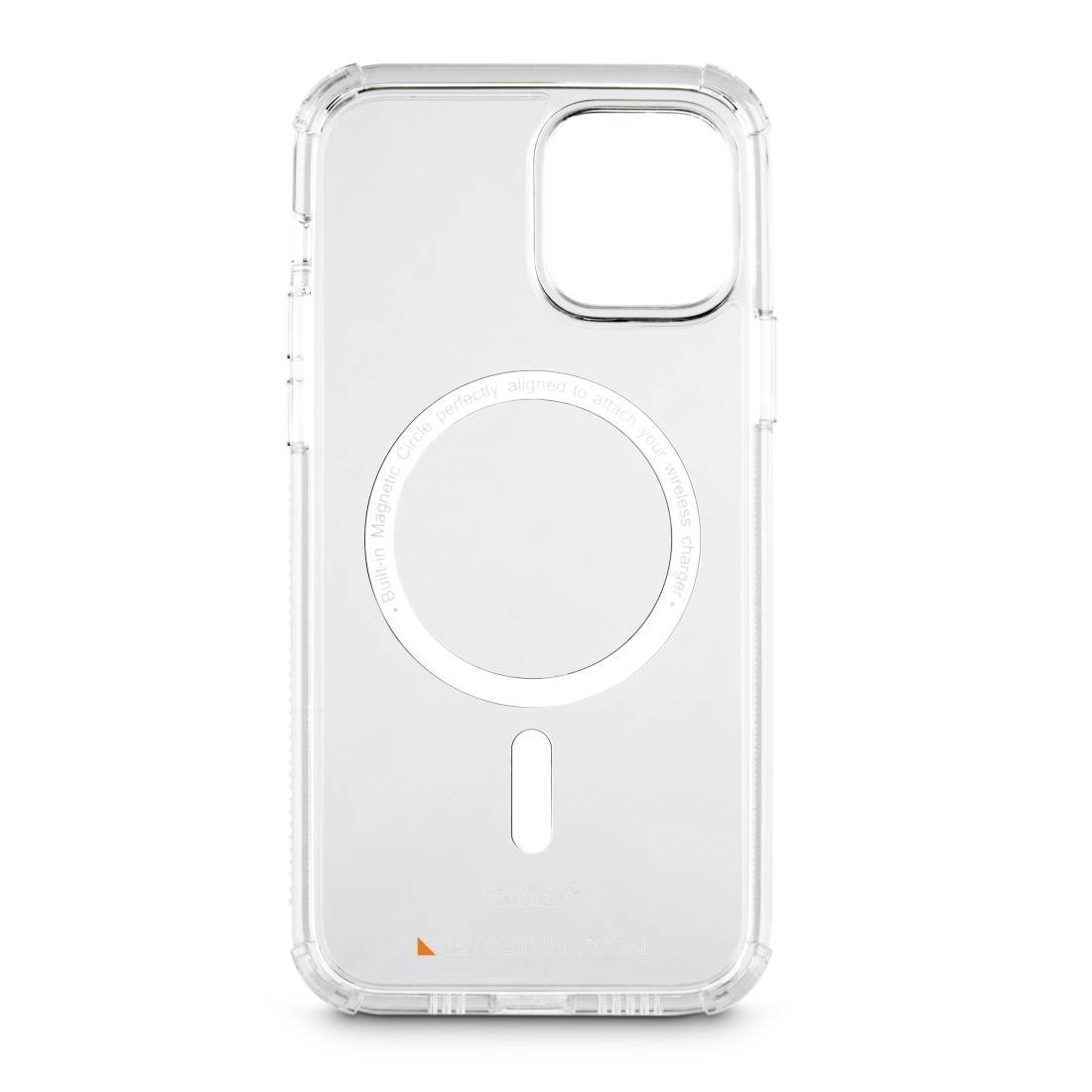 Étui de smartphone transparent avec un design MagSafe circulaire, montrant la partie arrière du téléphone. Adapté pour protéger et utiliser des accessoires MagSafe.