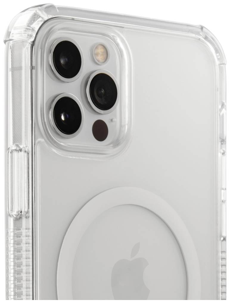 Un étui de téléphone transparent avec un anneau MagSafe circulaire, adapté à un smartphone doté de trois caméras et d'un flash.