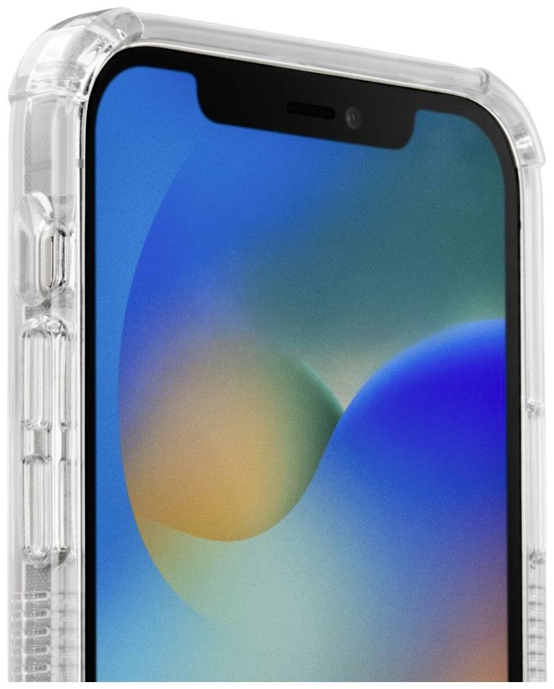 Smartphone avec un boîtier de protection transparent, affichant un fond d'écran abstrait et coloré.