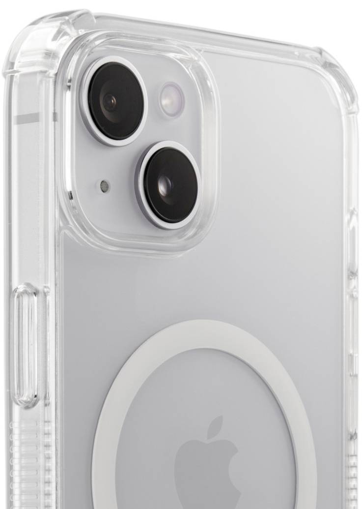 Étui de smartphone transparent avec deux découpes pour caméras et un élément circulaire au dos.