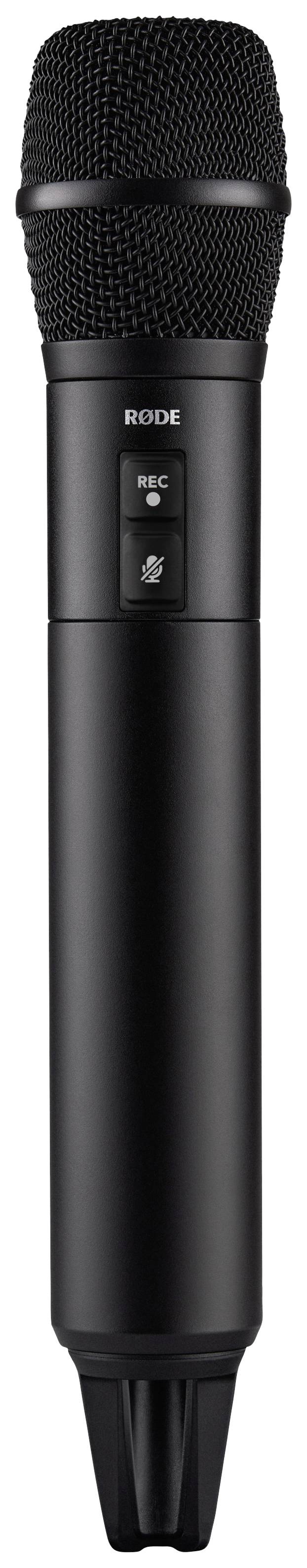 Microphone noir sans fil, orienté verticalement, avec un interrupteur visible et la marque RØDE sur l'avant.