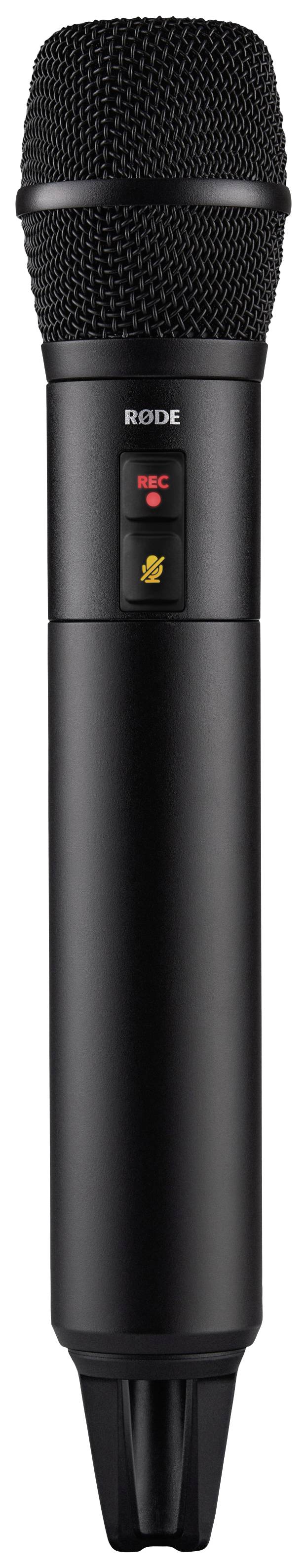 Un microphone noir sans fil avec une grille métallique en haut et un interrupteur au milieu. Adapté pour les enregistrements vocaux ou chantés.