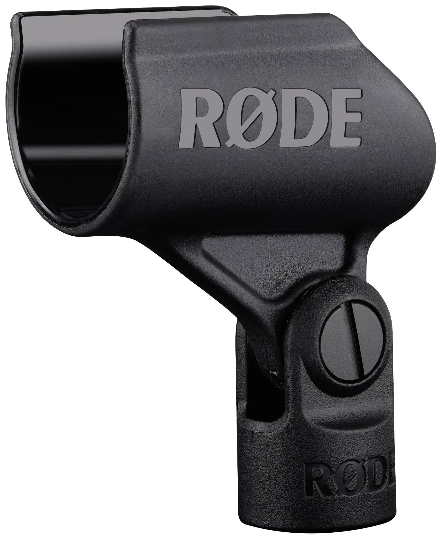 Support de microphone en plastique noir portant l'inscription 'RØDE', adapté pour fixer un microphone sur un support.