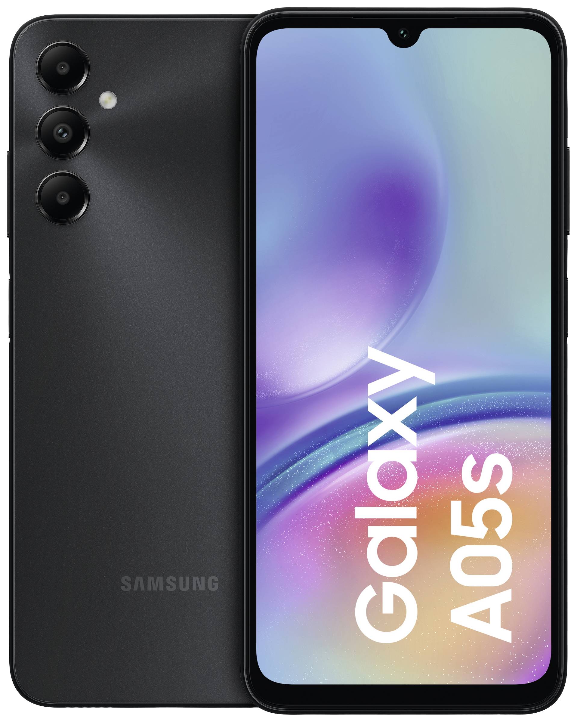 Un smartphone Samsung Galaxy A05s noir avec trois objectifs de caméra à l'arrière. L'écran affiche 'Galaxy A05s'.