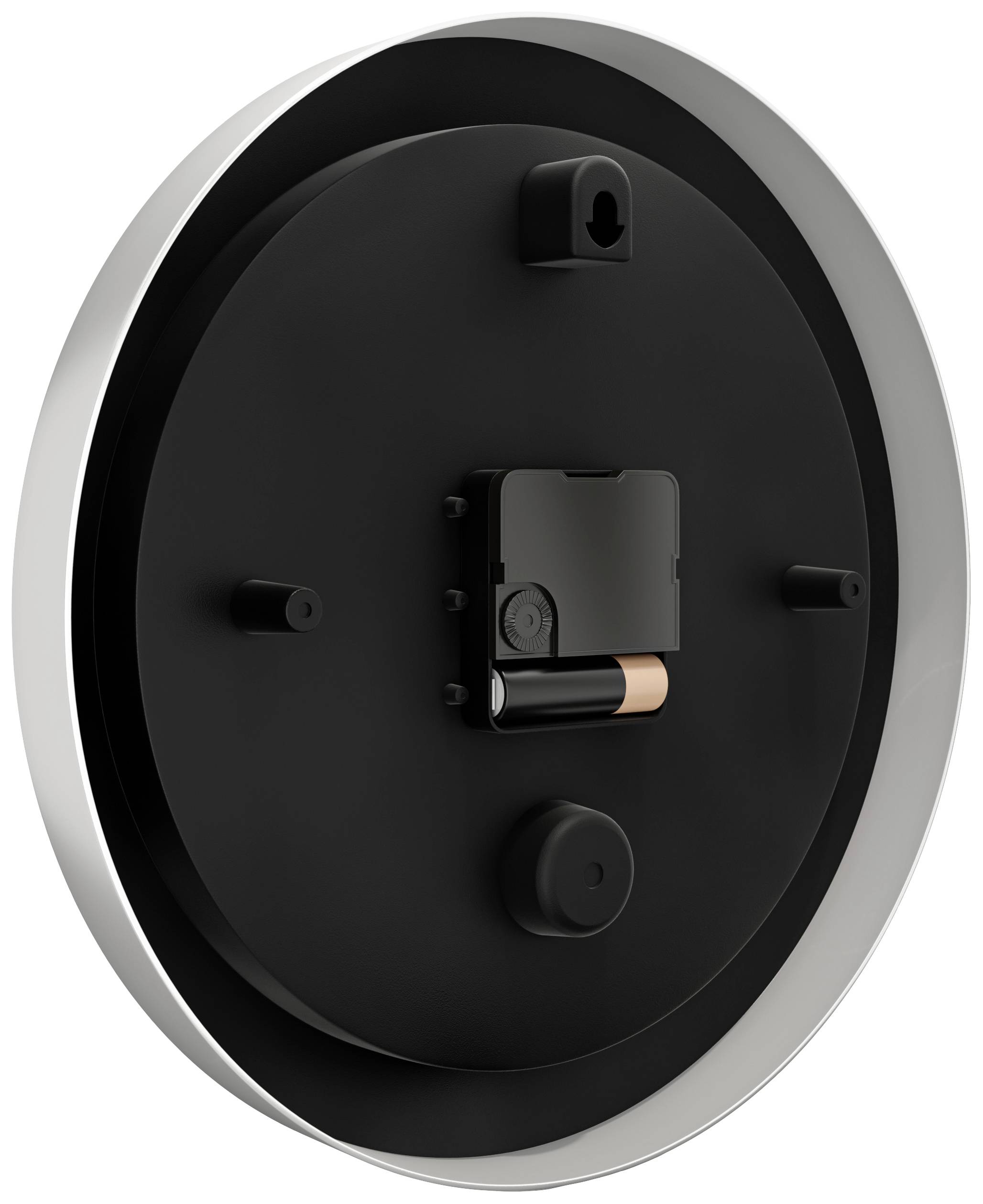 Dos d'un appareil rond noir avec un compartiment de batterie au centre, des supports en haut et en bas, et un bord argenté.