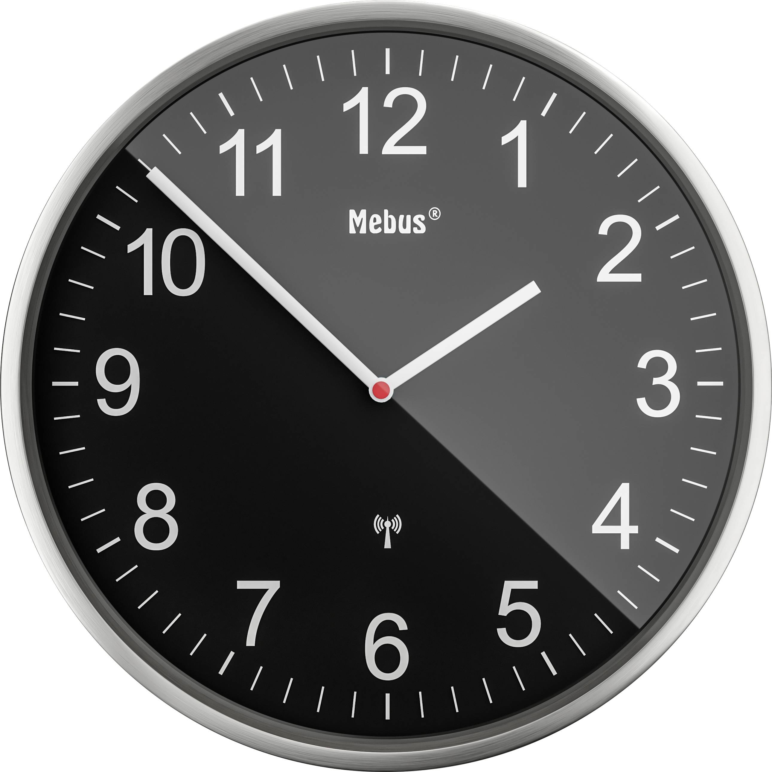 Une horloge murale ronde noire avec des chiffres et des aiguilles blancs indique l'heure comme 10:10.