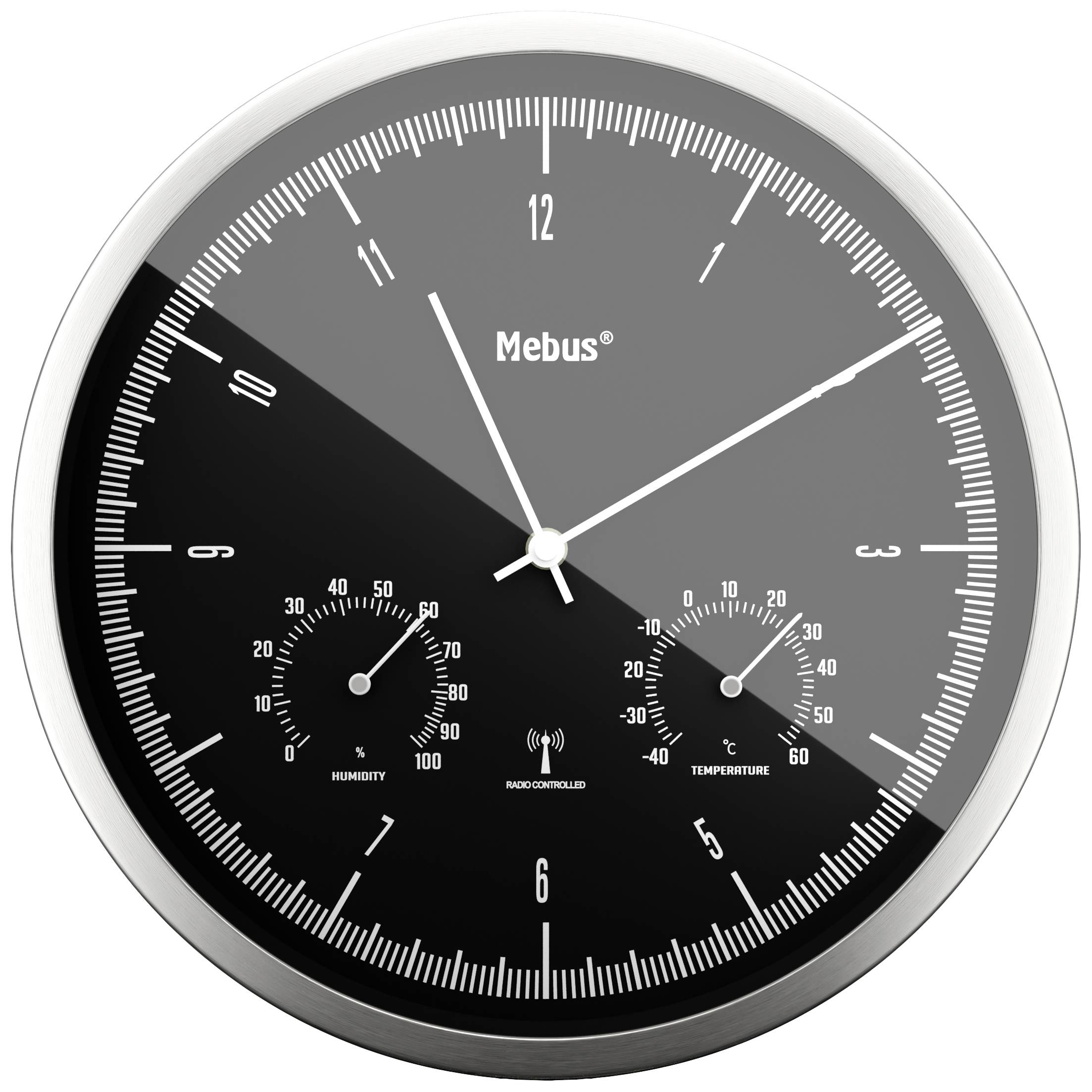 Horloge murale noire avec bordure argentée, indiquant 11h10. Affichage intégré de l'humidité (56%) et de la température (21°C).