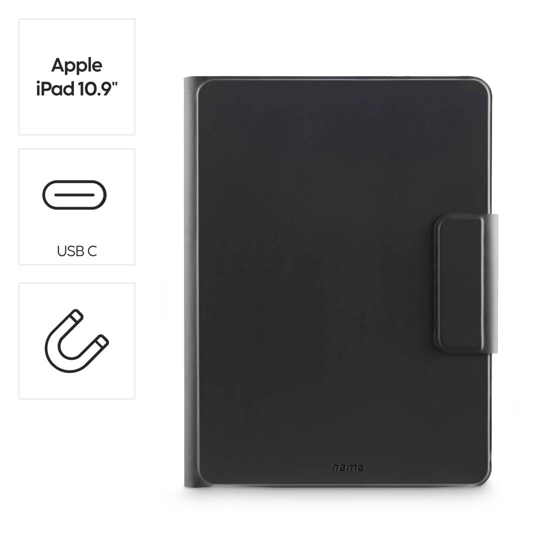 Étui noir adapté à l'Apple iPad 10,9 pouces avec port USB-C et fermeture magnétique.