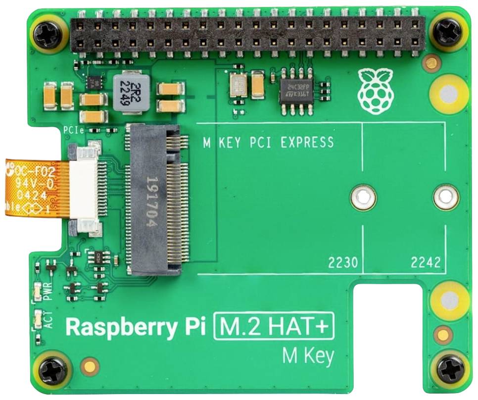 Carte M.2 HAT+ pour Raspberry Pi, carte de circuit imprimé verte avec connecteur pour M-Key PCI Express et plusieurs composants électroniques.