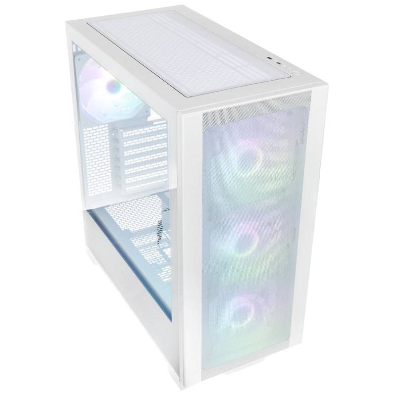 Un boîtier PC blanc avec une fenêtre latérale en verre et des ventilateurs rétroéclairés RGB.