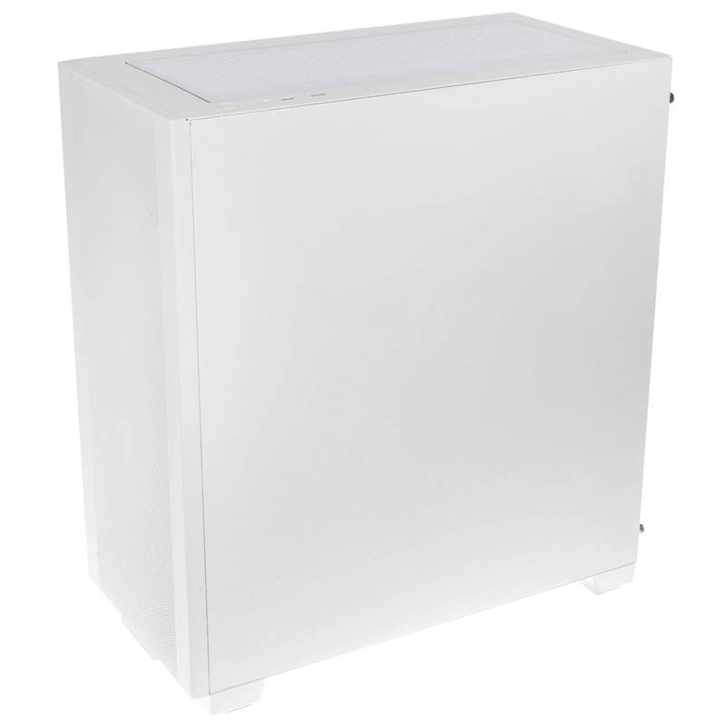 Un boîtier d'ordinateur blanc au design épuré, sans marques ou ornements reconnaissables. Il est posé verticalement et légèrement visible de côté.