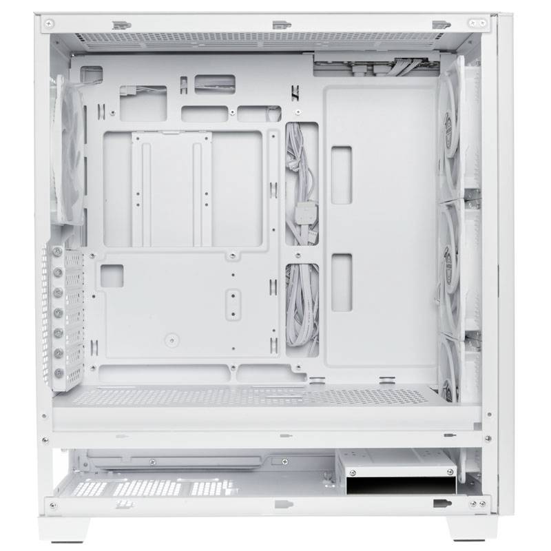 Boîtier d'ordinateur vide en blanc, vue de côté. L'espace intérieur montre des supports pour les composants matériels et la gestion des câbles.