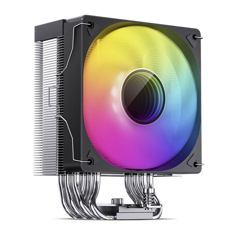 Un refroidisseur de CPU pour PC avec un ventilateur à éclairage RVB dans un boîtier noir. Les caloducs en métal sont fixés à la base.