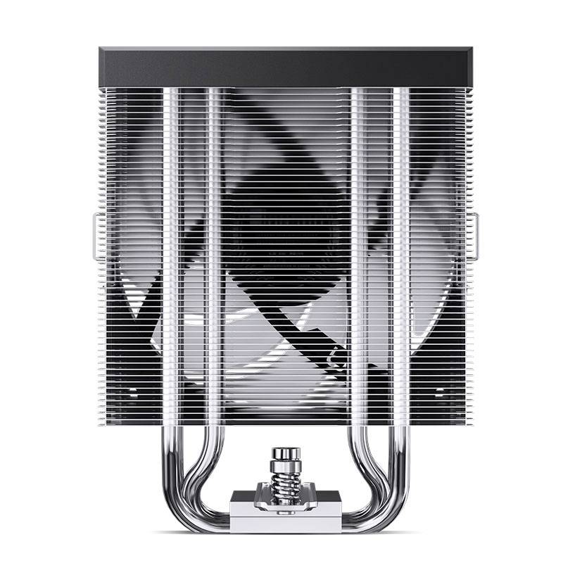 Dissipateur thermique pour processeur en noir et argent avec ailettes de refroidissement en aluminium et ventilateur central ; adapté au refroidissement des processeurs d'ordinateur.