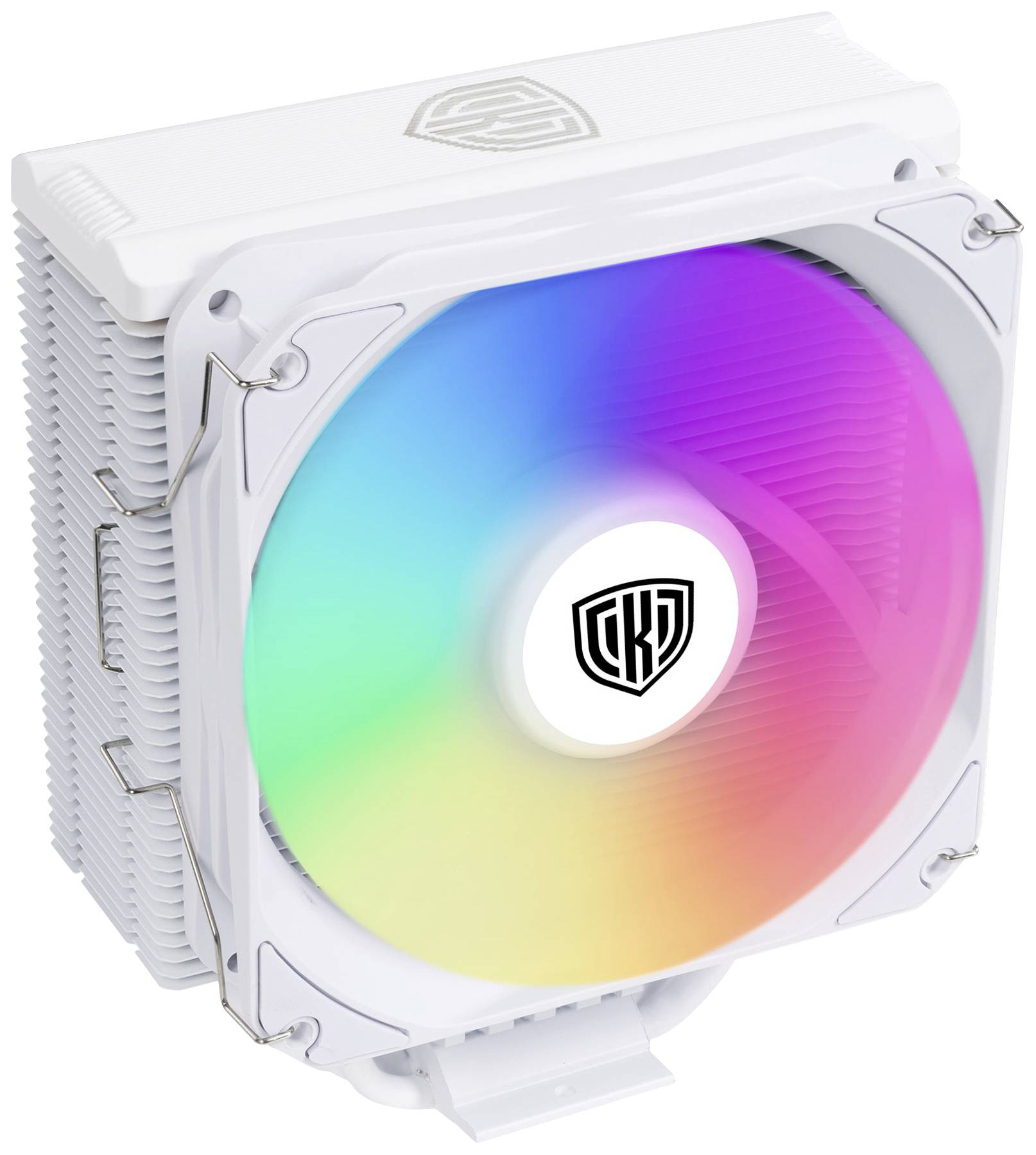 Dissipateur CPU blanc avec ventilateur éclairé RGB aux couleurs arc-en-ciel, marqué d'un logo au centre du moyeu du ventilateur.
