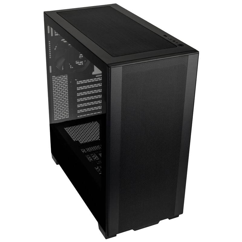 Boîtier PC noir avec fenêtre latérale transparente. Convient pour la construction d'ordinateurs personnalisés. Design épuré et moderne.