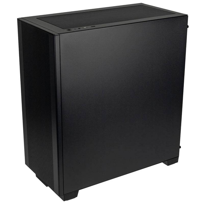 Un boîtier d'ordinateur noir se trouve sur un fond neutre. Il a une surface lisse et plusieurs possibilités de connexion sur le dessus.