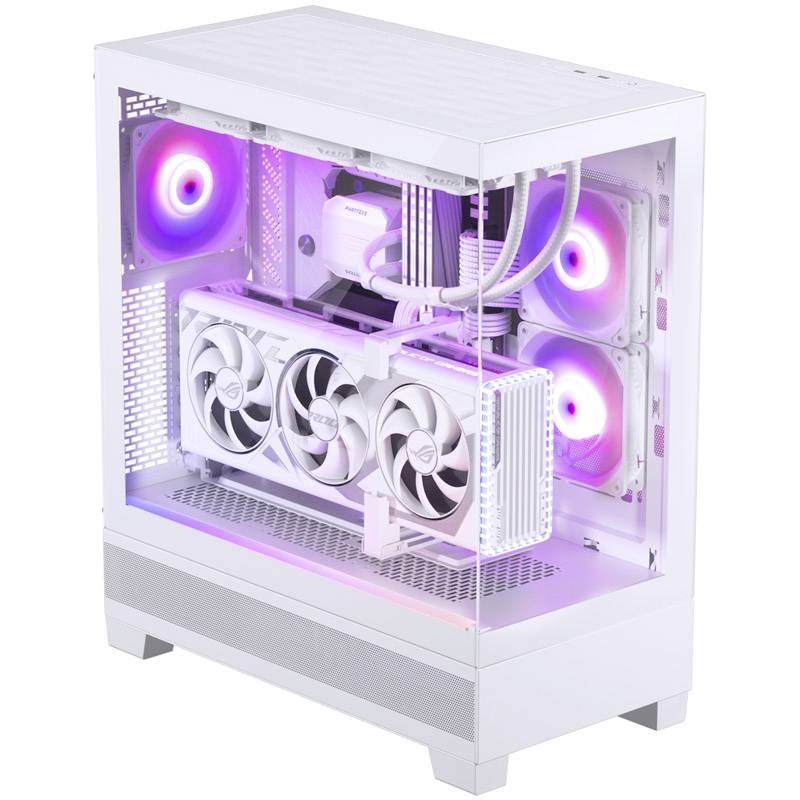 Un boîtier d'ordinateur blanc avec des ventilateurs apparents et une grande carte graphique. À l'intérieur, des lumières LED roses et violettes brillent.