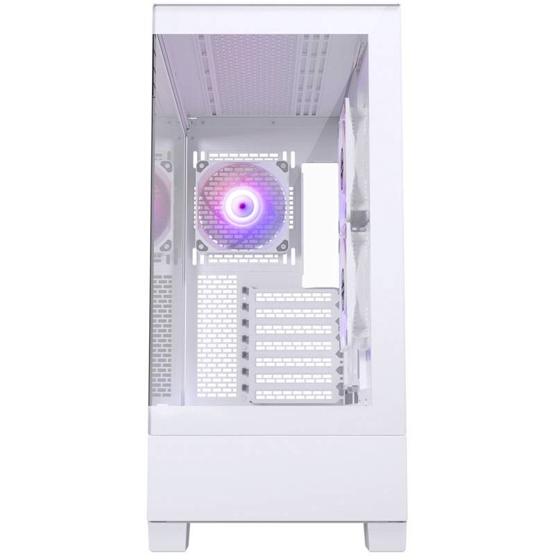 Un boîtier PC blanc avec un panneau latéral transparent, révélant des ventilateurs internes avec un éclairage LED rouge et bleu.