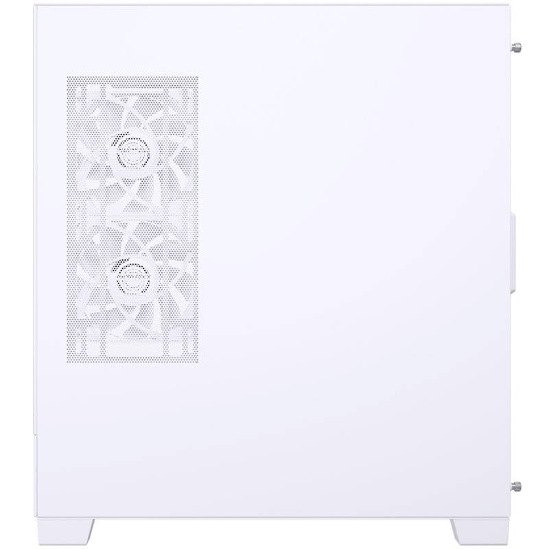 Un boîtier d'ordinateur blanc avec un insert grillagé sur le côté pour la ventilation, à travers lequel deux ventilateurs sont visibles.