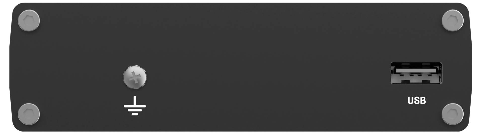 Black rectangular device panel with four corner screws, a grounding symbol near center, and a USB port labeled 'USB' on the right.