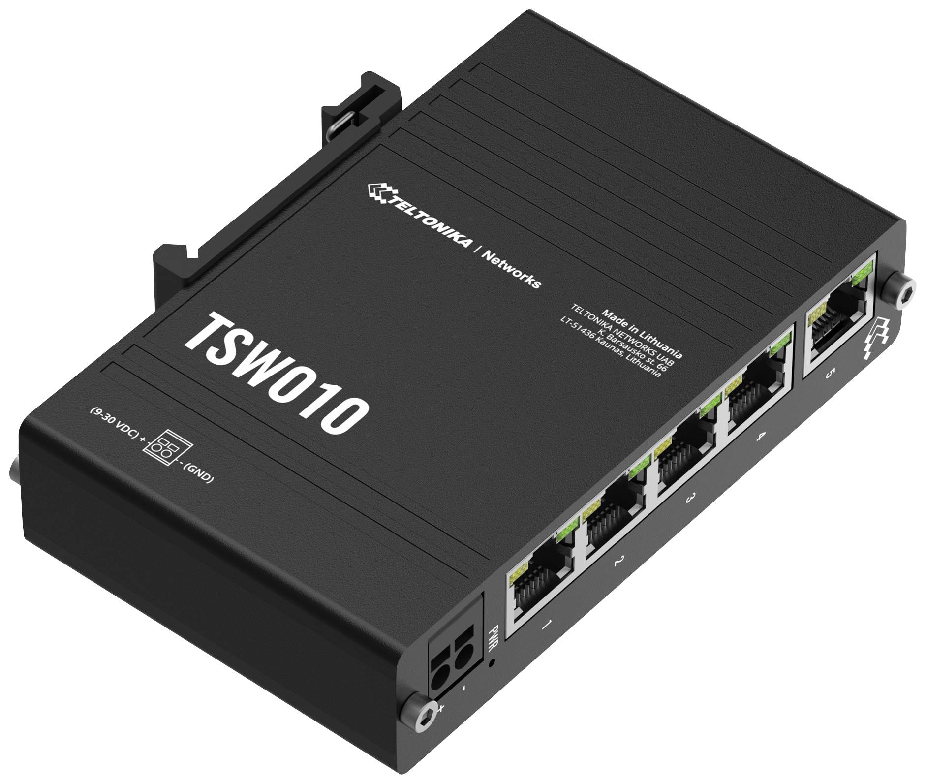 Un commutateur réseau noir avec cinq ports Ethernet et deux ports SFP sur la façade, étiqueté 'TSW010'.