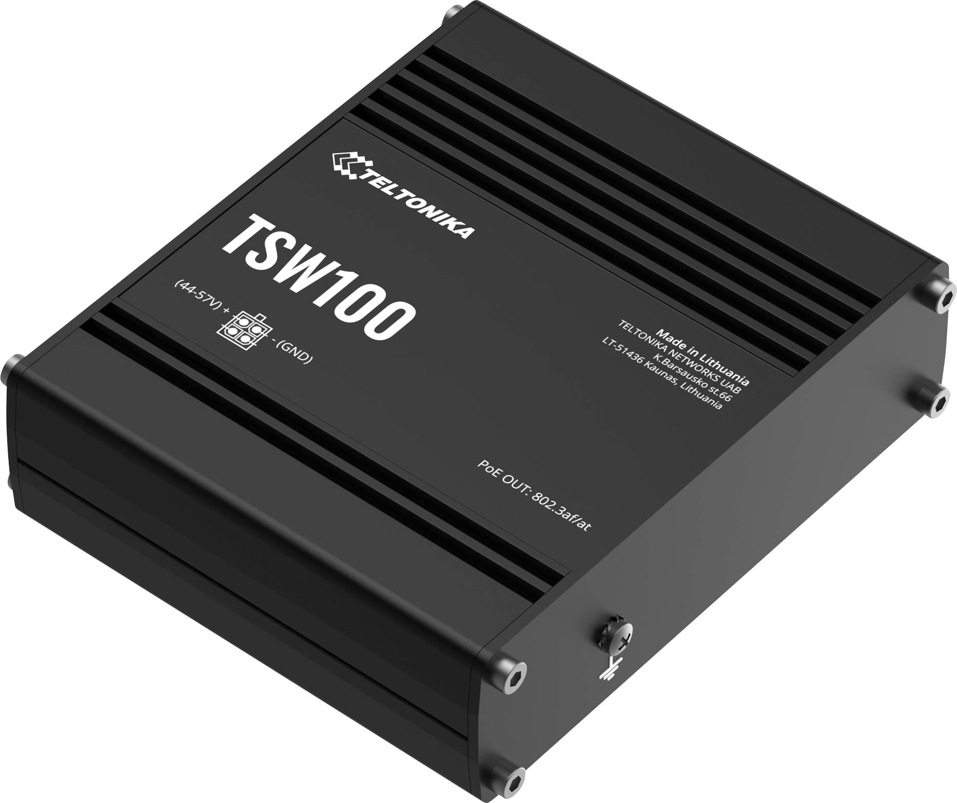 Commutateur Ethernet industriel Teltonika TSW101 noir présenté sous une vue de produit en angle sur un fond blanc.