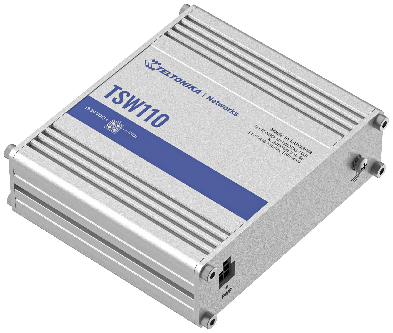 Switch industriel 'TSW110' de Teltonika Networks dans un boîtier en aluminium argenté, adapté aux installations réseau professionnelles.
