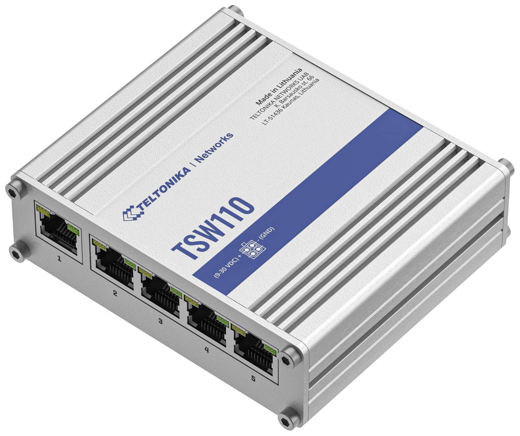Un commutateur réseau argenté de Teltonika avec cinq ports Ethernet et l'inscription bleue 'TSW110'. Fabriqué en Lituanie.