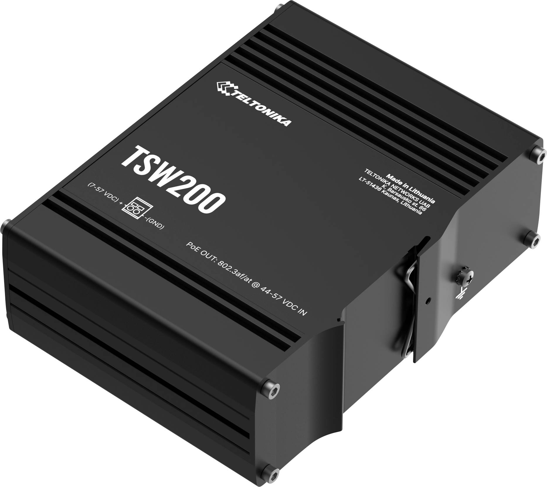Commutateur Ethernet industriel Teltonika TSW200 noir présenté dans une vue de produit en angle.