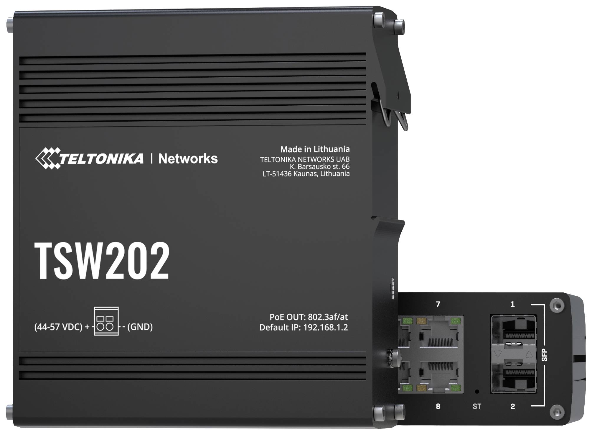 Commutateur réseau 'TSW202' de Teltonika avec plusieurs ports Ethernet et détails d'alimentation électrique. Fabriqué en Lituanie.