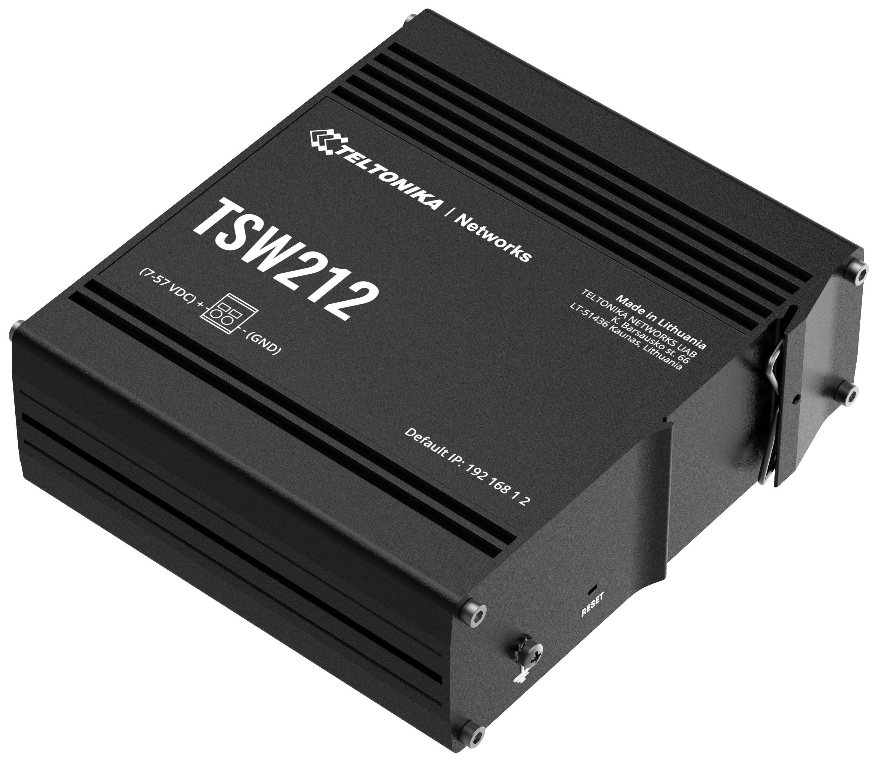 Commutateur réseau Teltonika TSW212 noir avec ports sur le côté droit. Informations de modèle et d'adresse IP sur le dessus.
