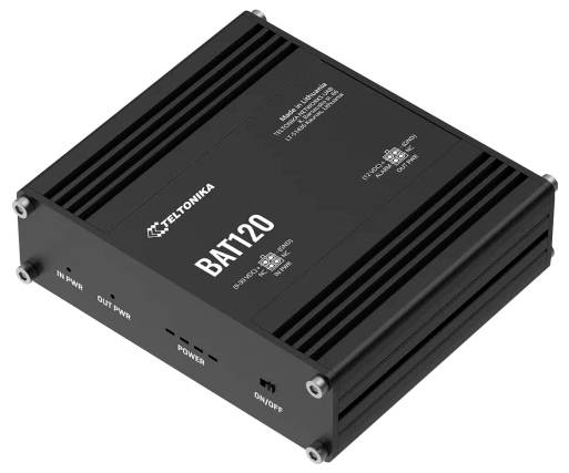 Appareil électronique argenté, étiqueté 'BAT120', 'Teltonika' et portant le marquage CE ; doté de connexions d'entrée et de sortie.