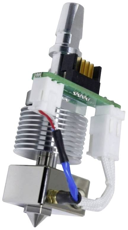 Un extrudeur d'imprimante 3D avec dissipateur thermique et module de buse, connexions électriques visibles. Pièce métallique plus robuste en bas, interrupteur en haut.