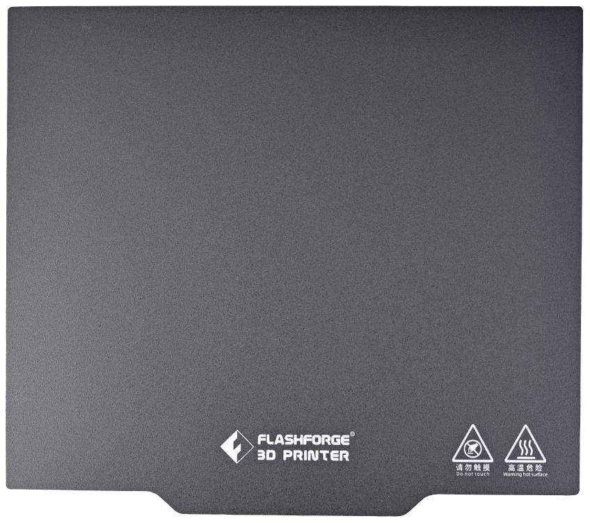 Plateforme d'imprimante 3D FlashForge avec logo de l'entreprise et avertissements de sécurité.