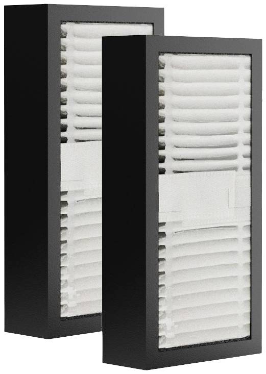 Deux filtres à air rectangulaires avec des cadres noirs et des éléments filtrants pliés blancs. Ils sont disposés côte à côte.