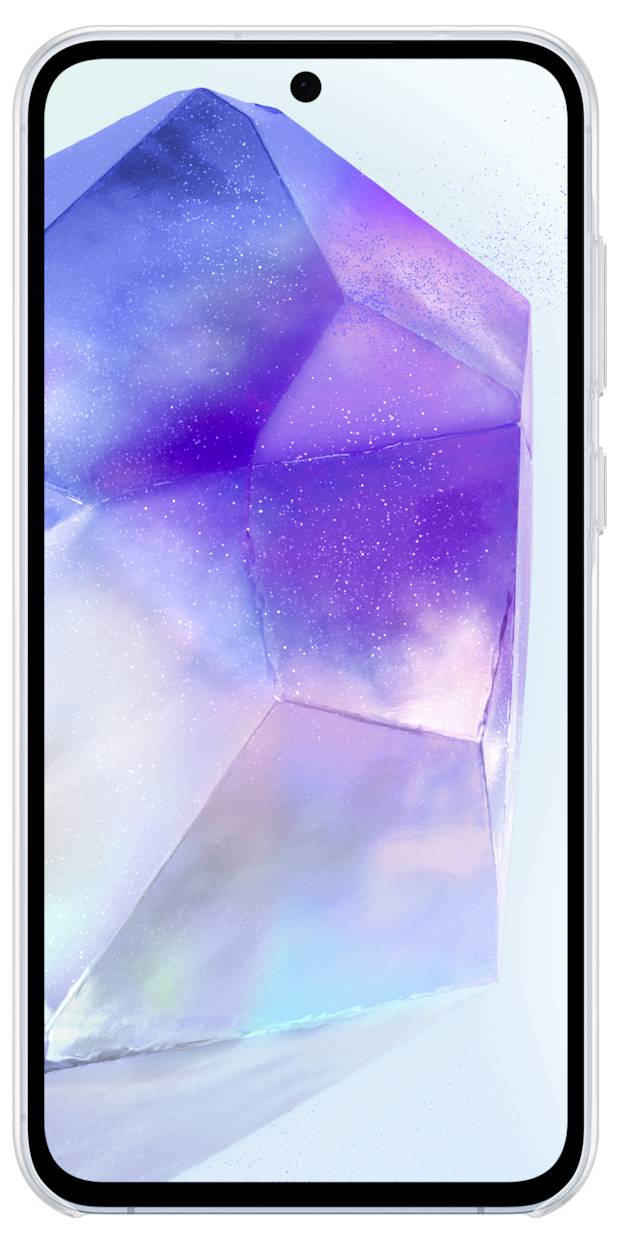 Smartphone avec un arrière-plan scintillant sur l'écran, montrant un joyau abstrait et à facettes aux tons violets et bleus.