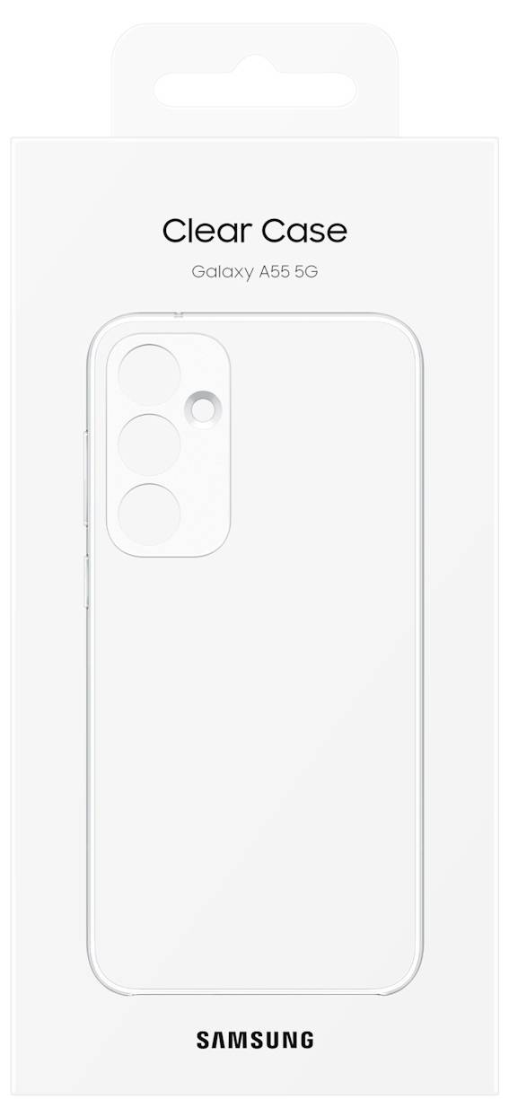 Étui de protection transparent pour Samsung Galaxy A55 5G, présenté dans un emballage transparent, montrant l'arrière et les découpes de l'appareil photo.