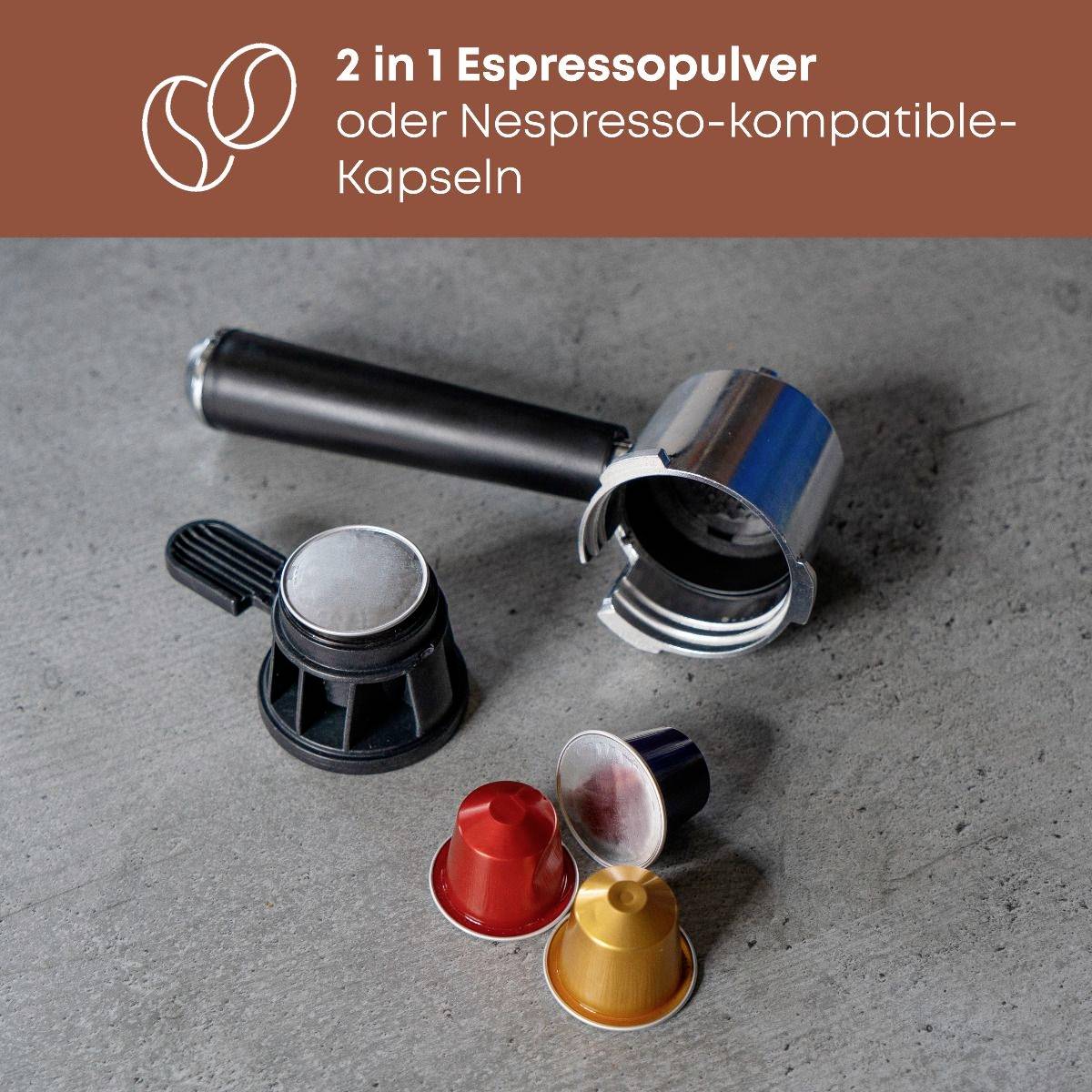 Café en poudre 2 en 1 ou capsules compatibles Nespresso avec image : Portafilter et capsules sur fond gris.