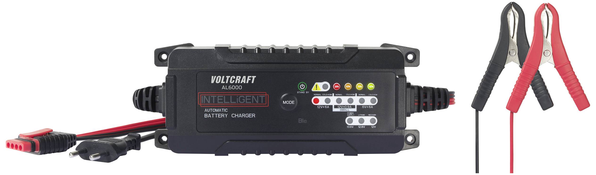Un chargeur fonctionnant sur batterie avec des indicateurs LED et des pinces. À gauche, un câble avec une fiche secteur, à droite deux pinces, une rouge et une noire.