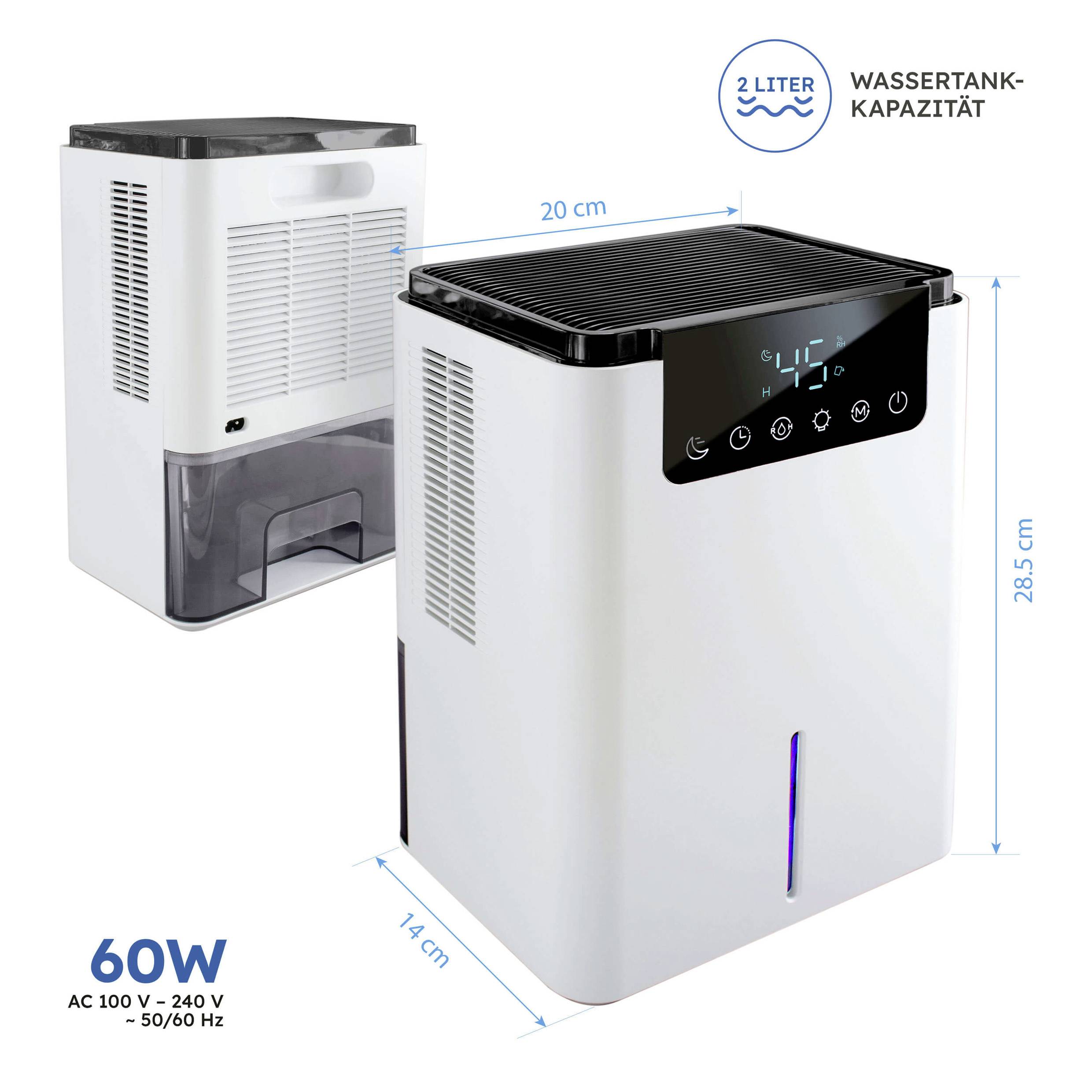 Déshumidificateur de taille moyenne, réservoir d'eau de 2 litres, puissance de 60W. Dimensions : 20 cm de largeur, 28,5 cm de hauteur, 14 cm de profondeur. Affichage numérique.