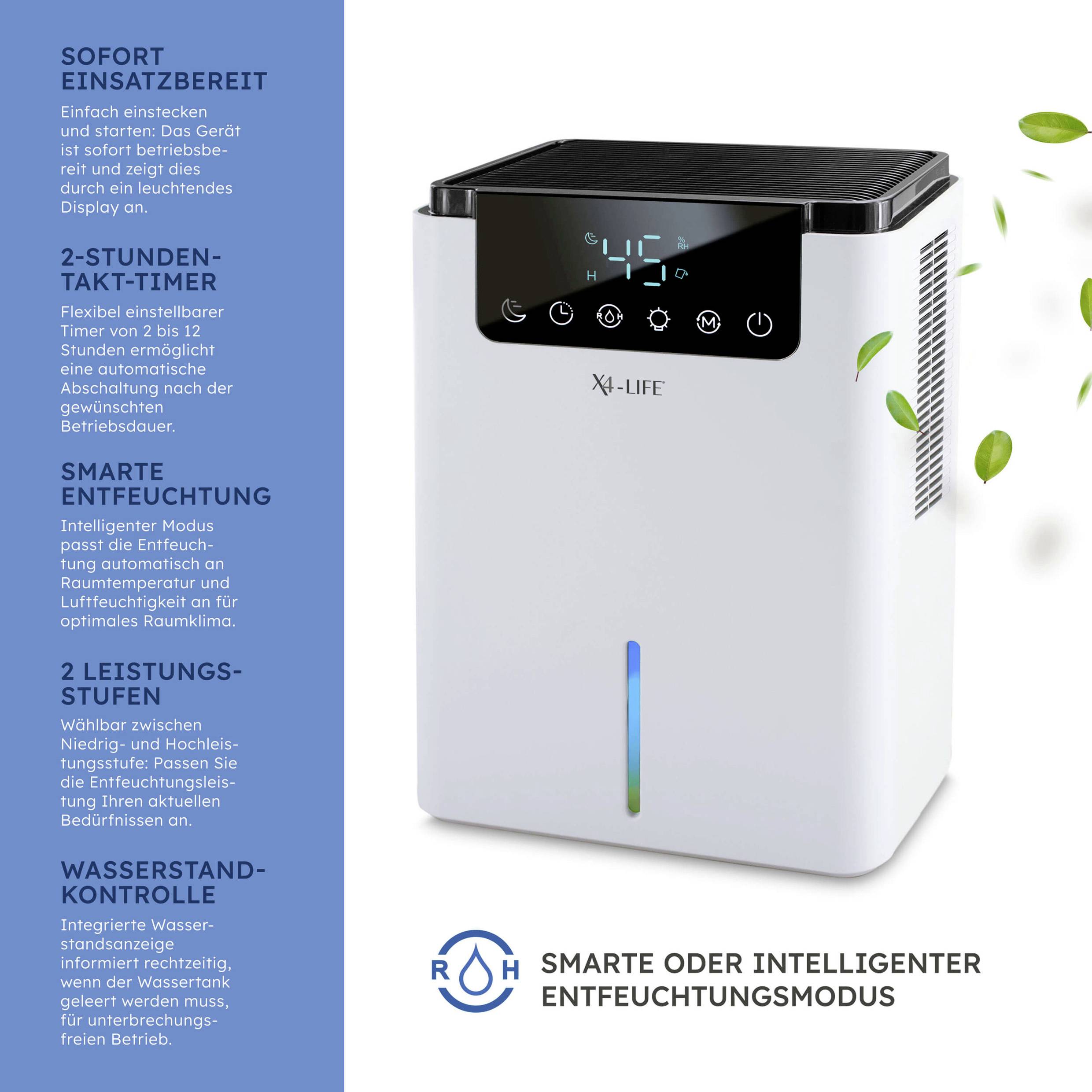 Sur le côté droit se trouve un déshumidificateur blanc avec un affichage LED. À gauche, un texte en bleu décrit les différentes fonctions et caractéristiques de l'appareil.