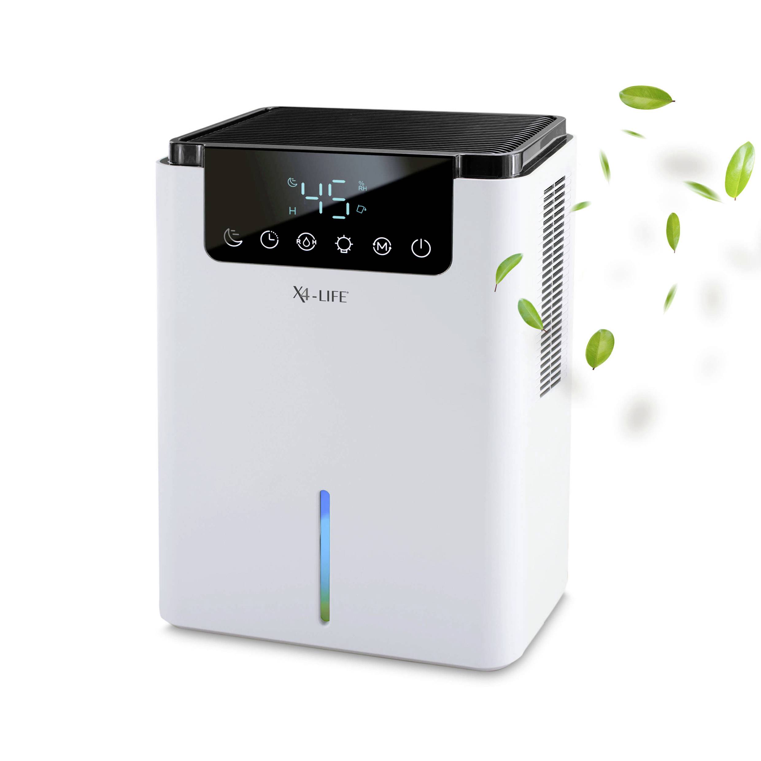 Purificateur d'air avec affichage numérique pour le contrôle, l'air sortant indique la fonction d'air frais, design compact blanc.