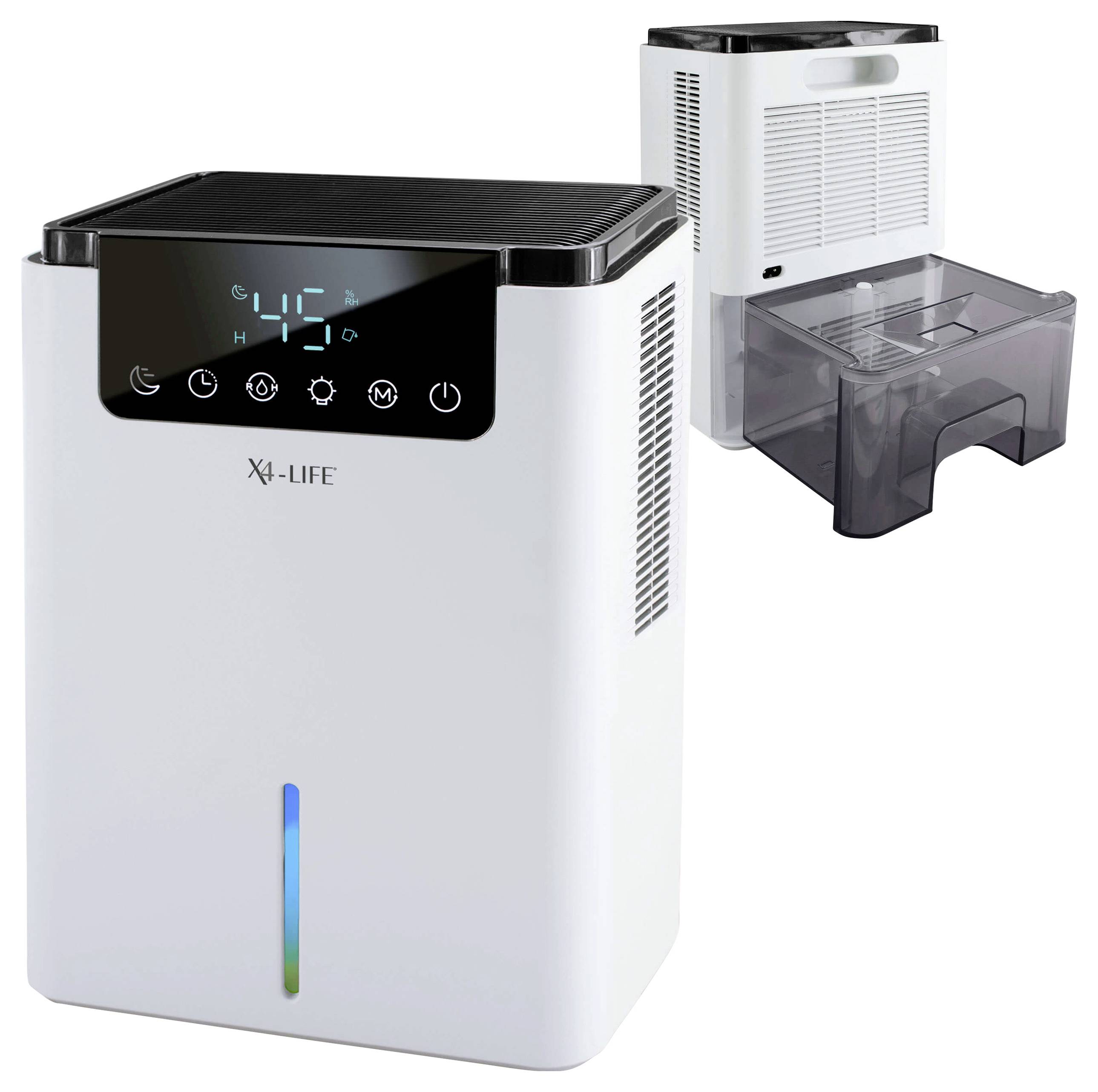 Déshumidificateur avec un affichage numérique indiquant '45%'. Réservoir d'eau amovible placé à droite. Modèle blanc et moderne.