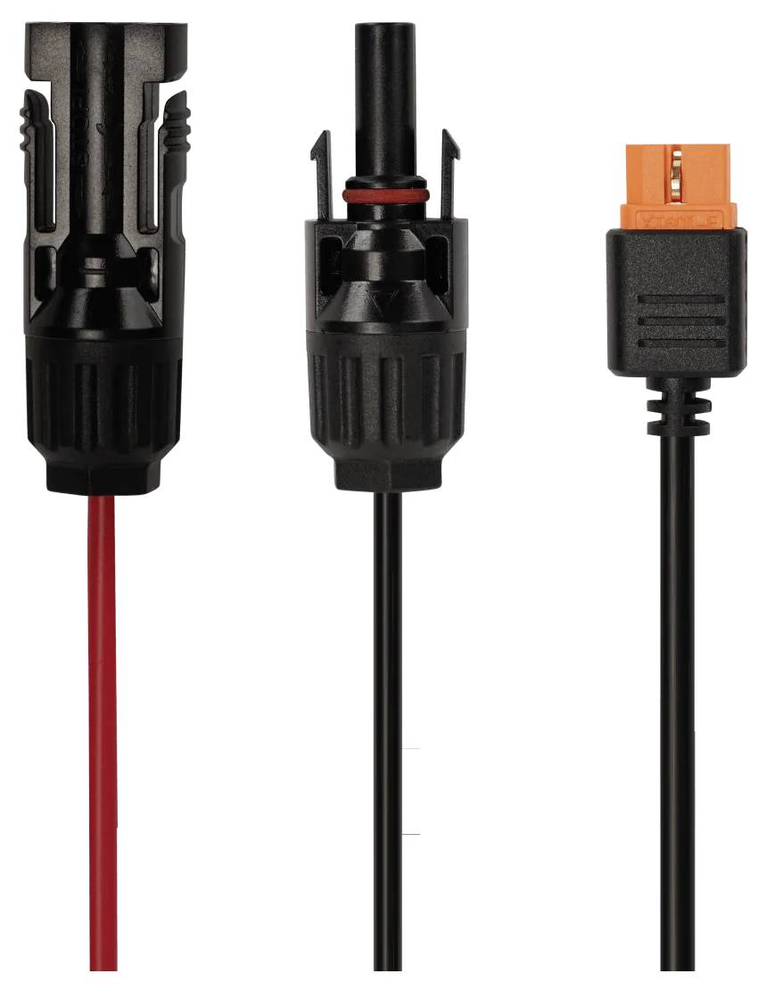 Trois vues d'un câble de connecteur solaire : connecteur mâle rouge avec fil rouge à gauche, connecteur femelle au centre, prise de connecteur orange sur fil noir à droite.